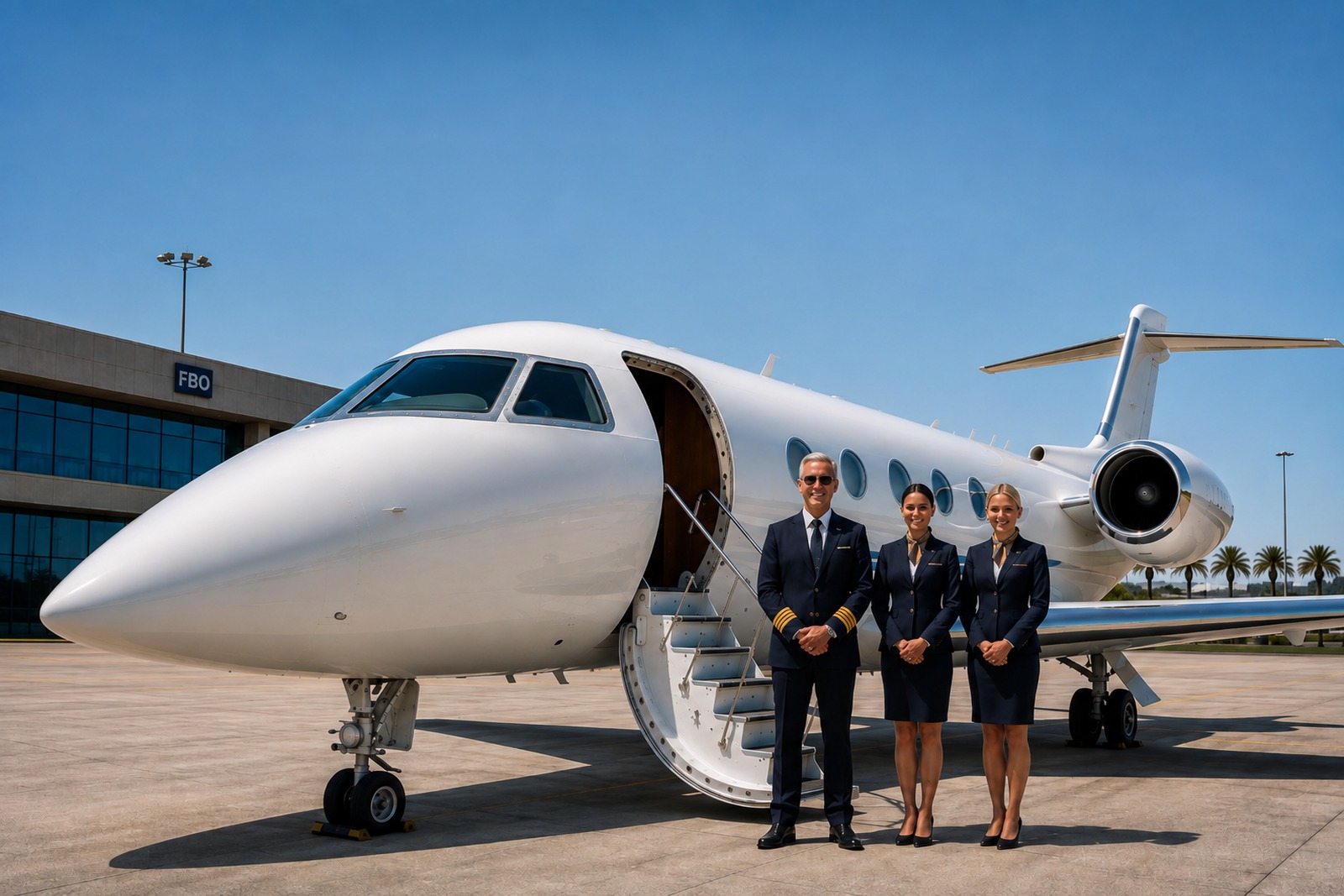 Captain and cabin crew beside a private jet, aircraft stairs open